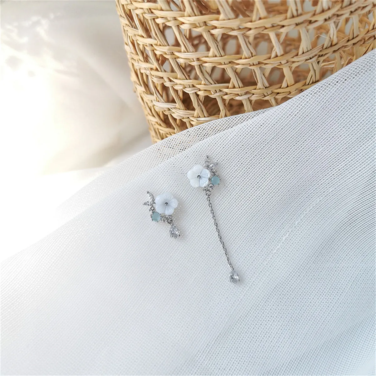 White Cat-Eye & Cubic Zirconia Floral Mismatched Drop Earrings