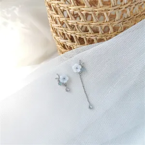 White Cat-Eye & Cubic Zirconia Floral Mismatched Drop Earrings