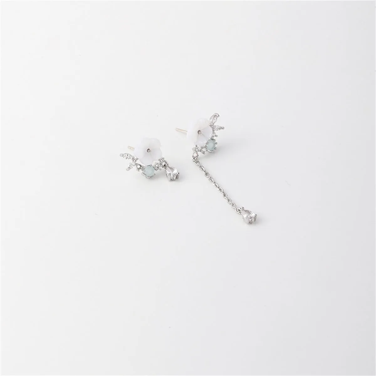 White Cat-Eye & Cubic Zirconia Floral Mismatched Drop Earrings