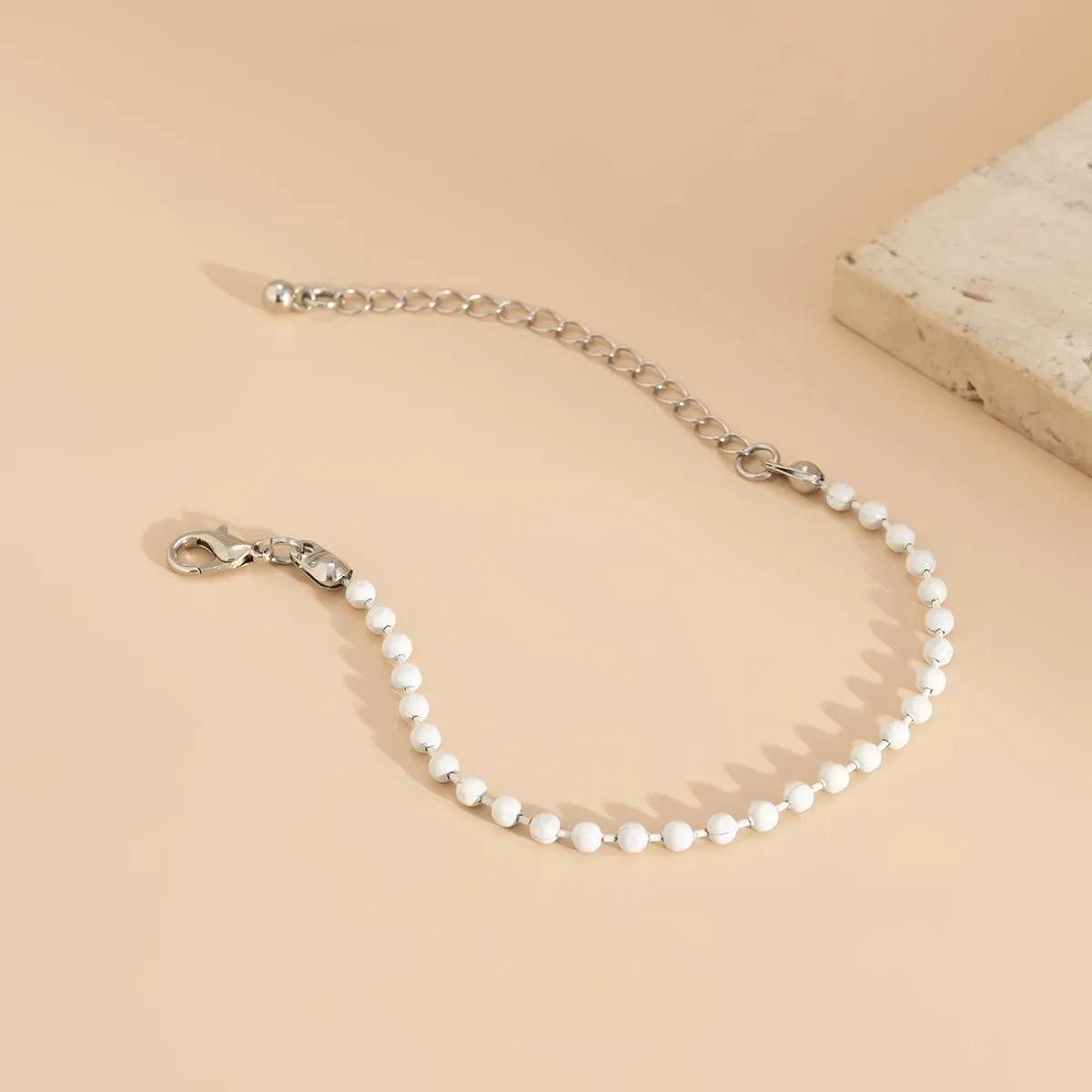 White Enamel & Silver-Plated Beaded Chain Adjustable Bracelet