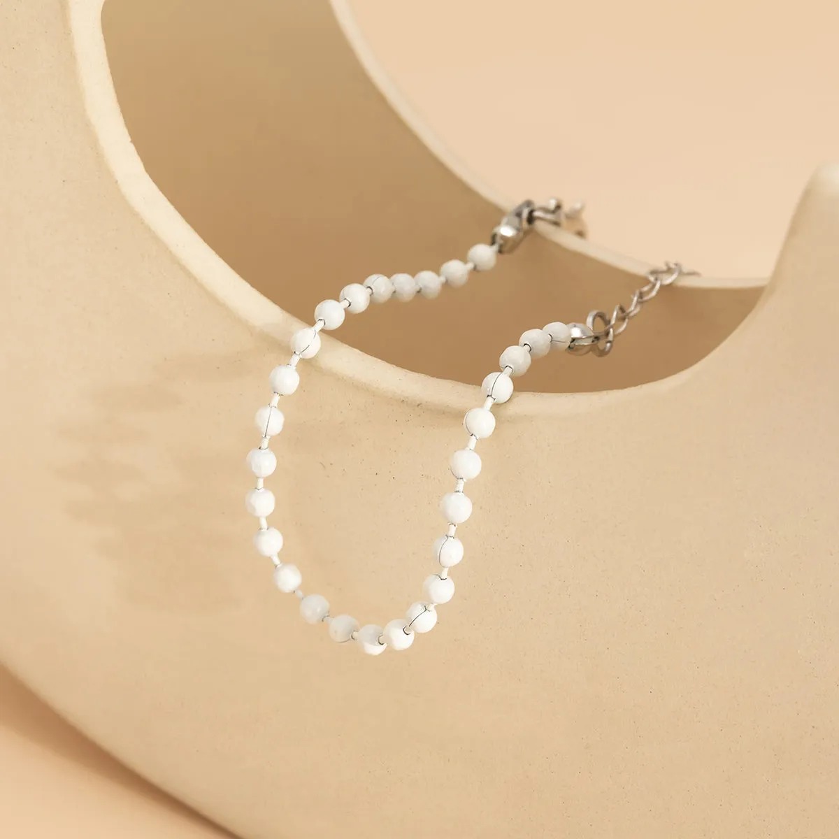 White Enamel & Silver-Plated Beaded Chain Adjustable Bracelet