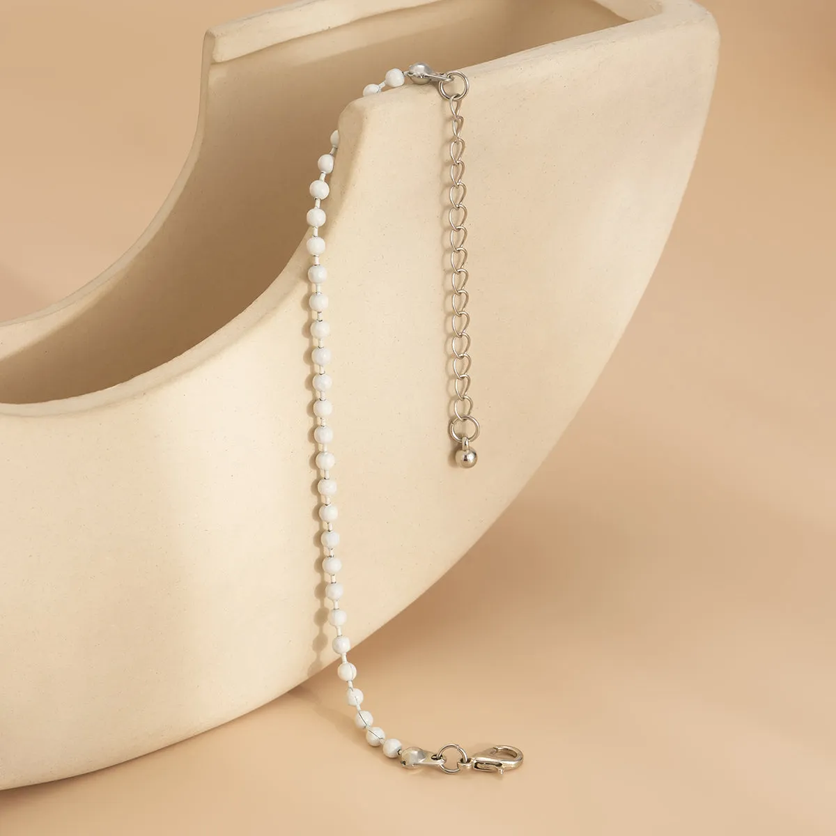 White Enamel & Silver-Plated Beaded Chain Adjustable Bracelet