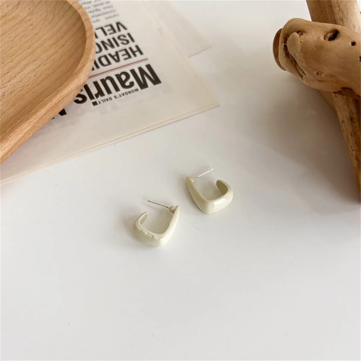 White Enamel & Silver-Plated U-Shape Huggie Earrings