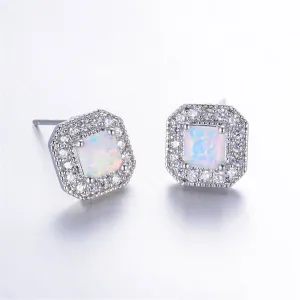 White Opal Princess-Cut Halo Stud Earrings