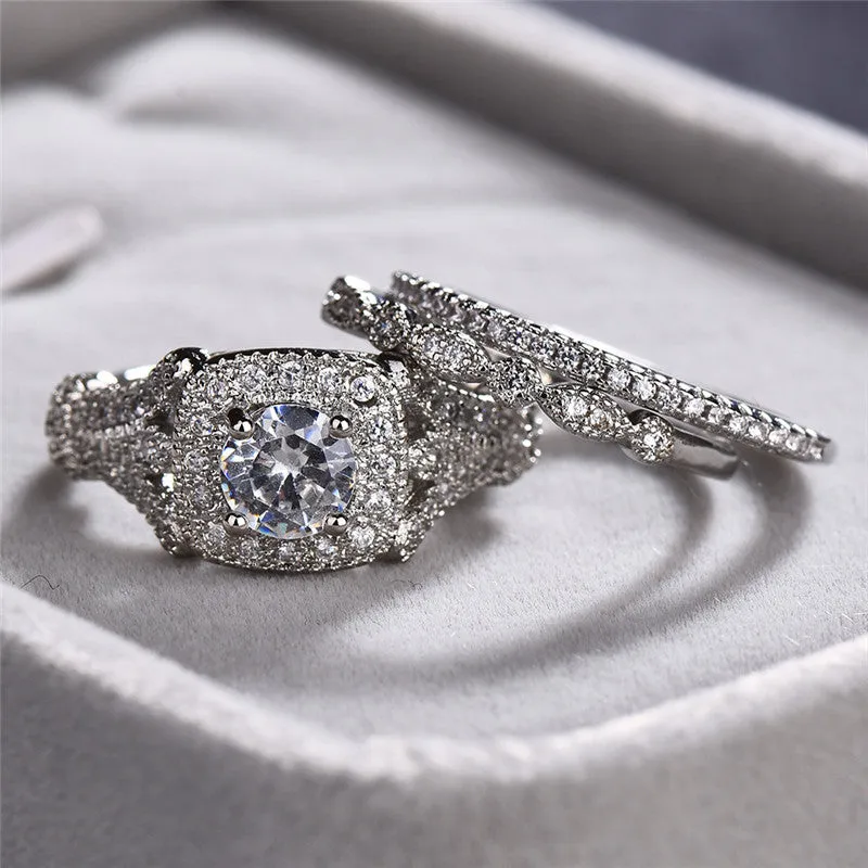 White Sapphire Engagement Ring Set Silver Women's Bridal Jewelry