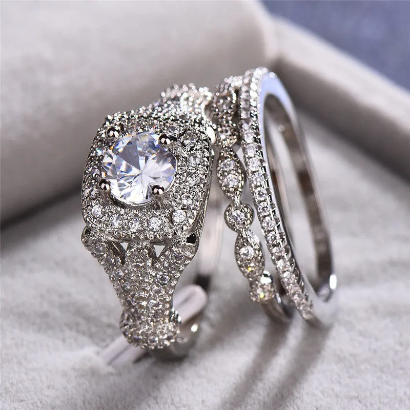 White Sapphire Engagement Ring Set Silver Women's Bridal Jewelry