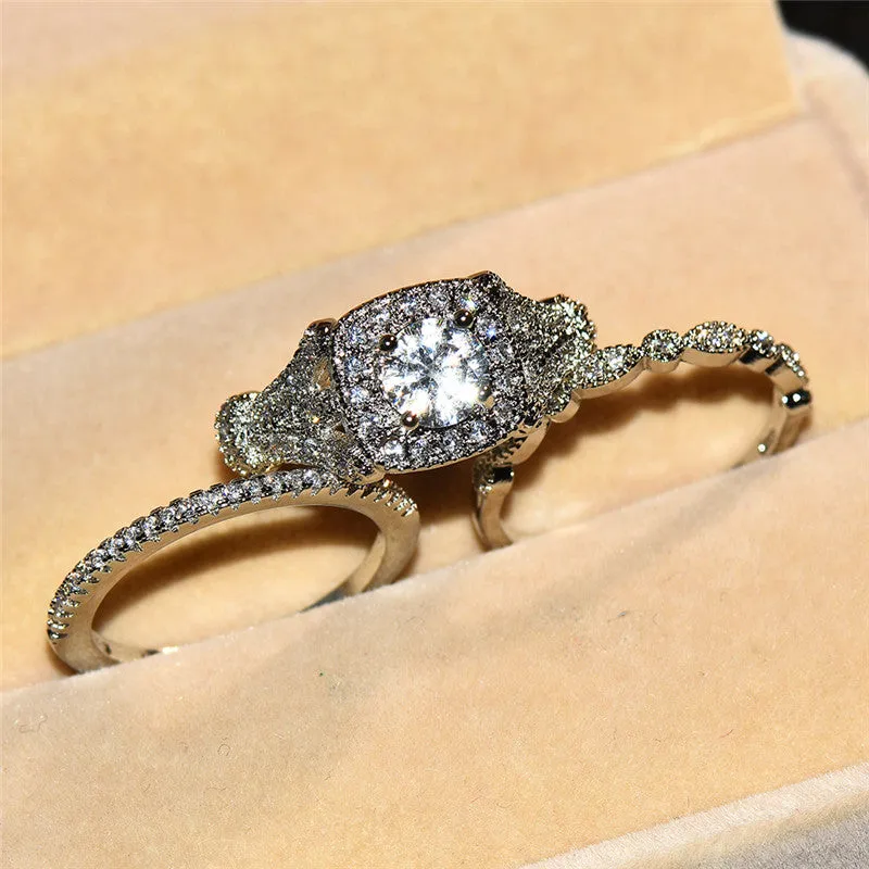 White Sapphire Engagement Ring Set Silver Women's Bridal Jewelry