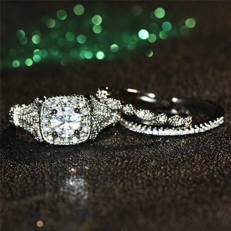 White Sapphire Engagement Ring Set Silver Women's Bridal Jewelry