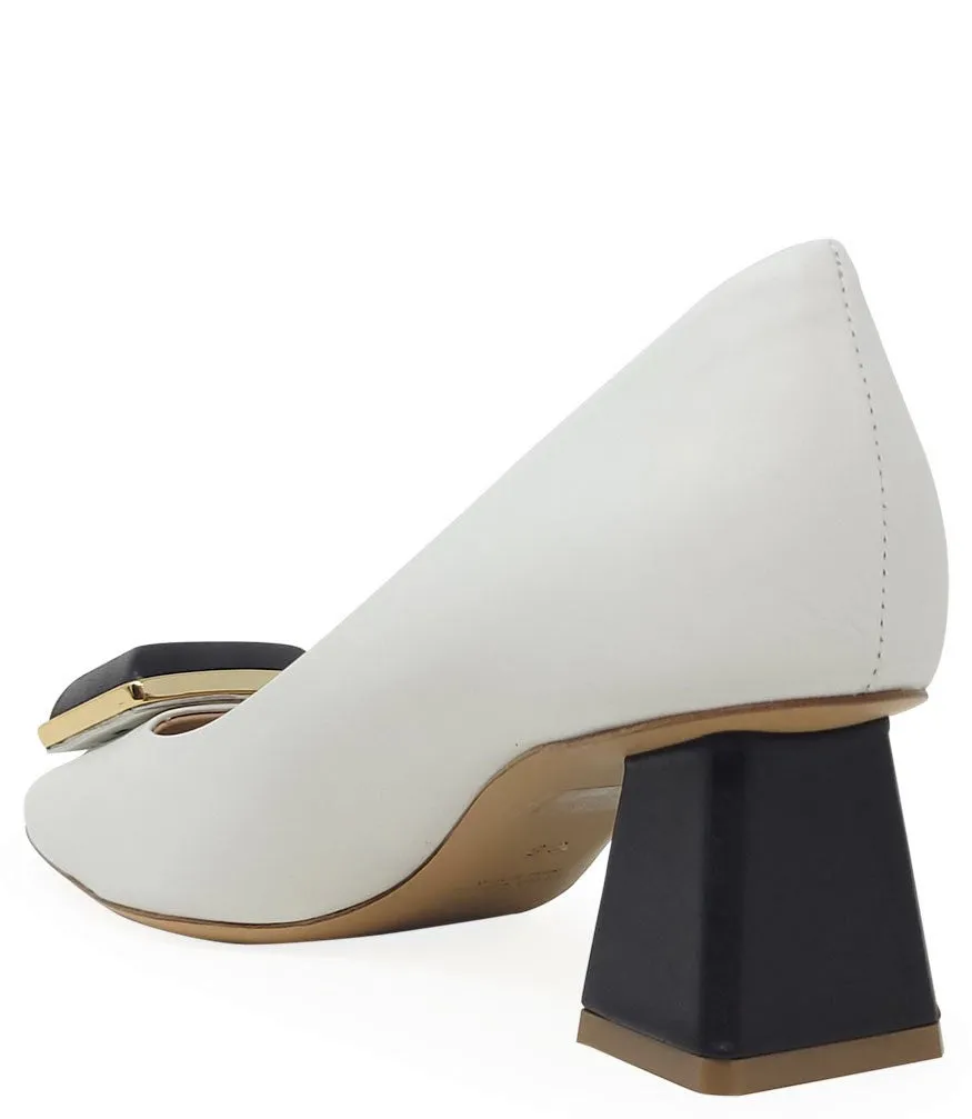 White/Black Leather Block Heel