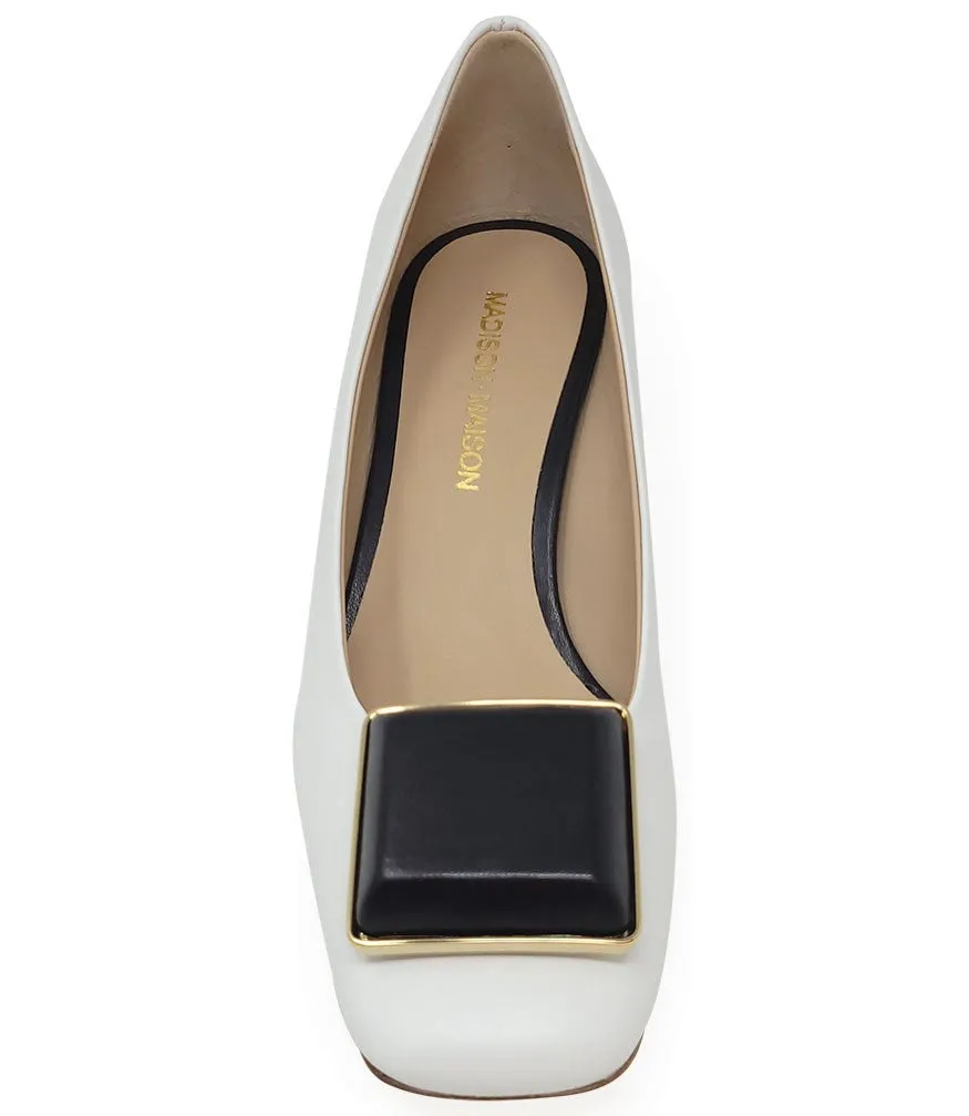 White/Black Leather Block Heel