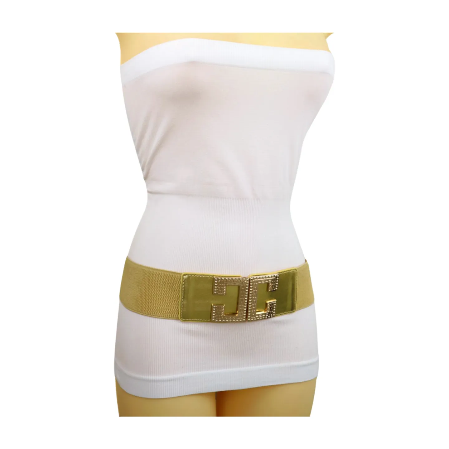 Women Gold Color Elastic Wide Boutique Fashion Belt Metal C Buckle S M