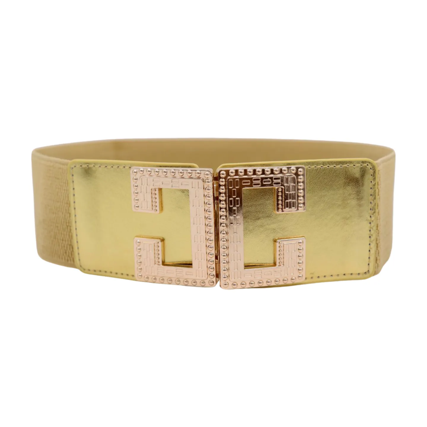 Women Gold Color Elastic Wide Boutique Fashion Belt Metal C Buckle S M