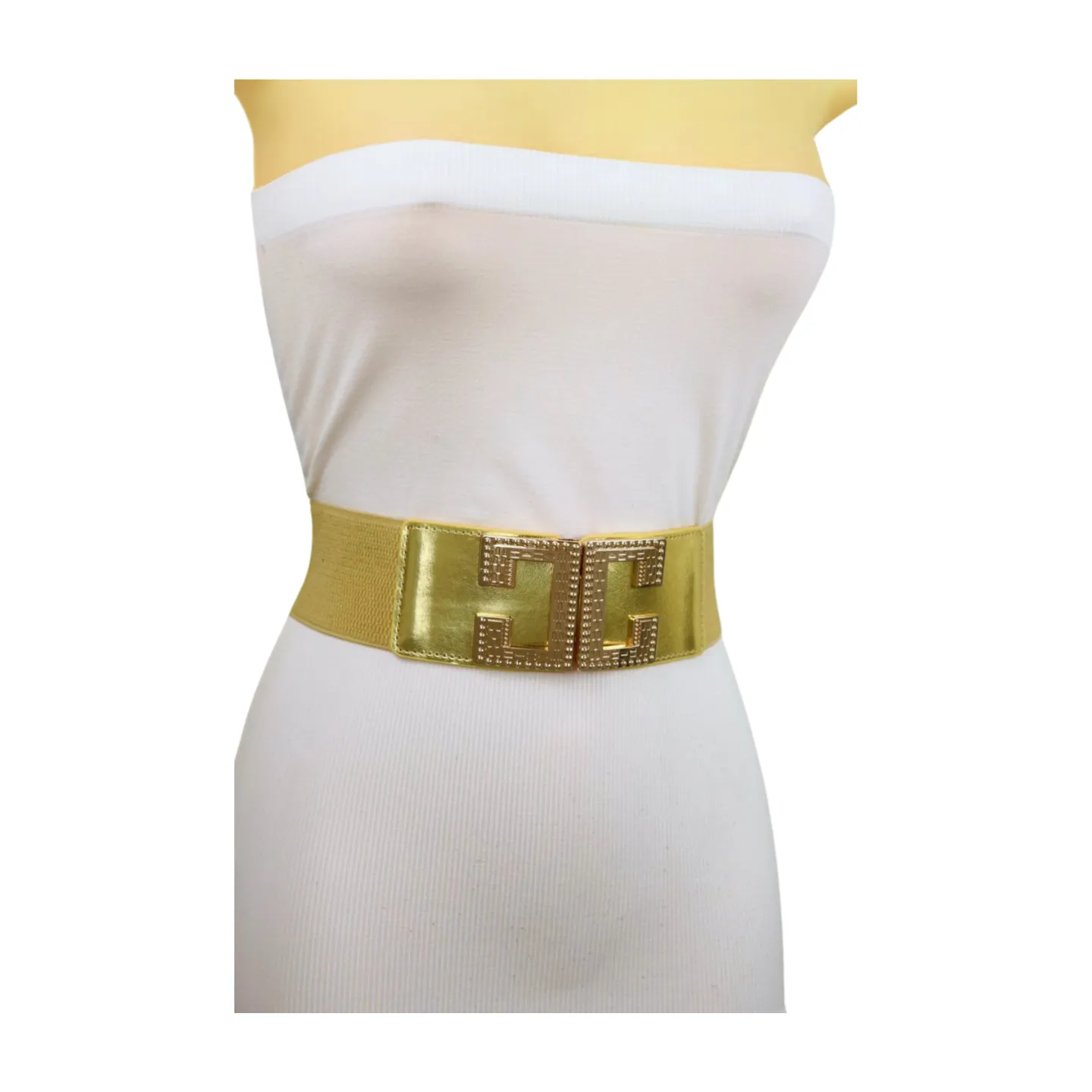 Women Gold Color Elastic Wide Boutique Fashion Belt Metal C Buckle S M