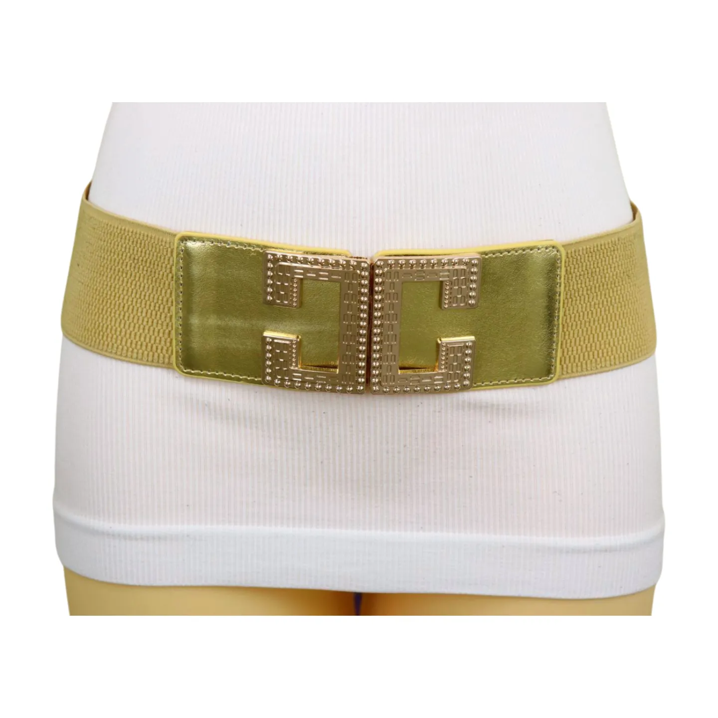 Women Gold Color Elastic Wide Boutique Fashion Belt Metal C Buckle S M