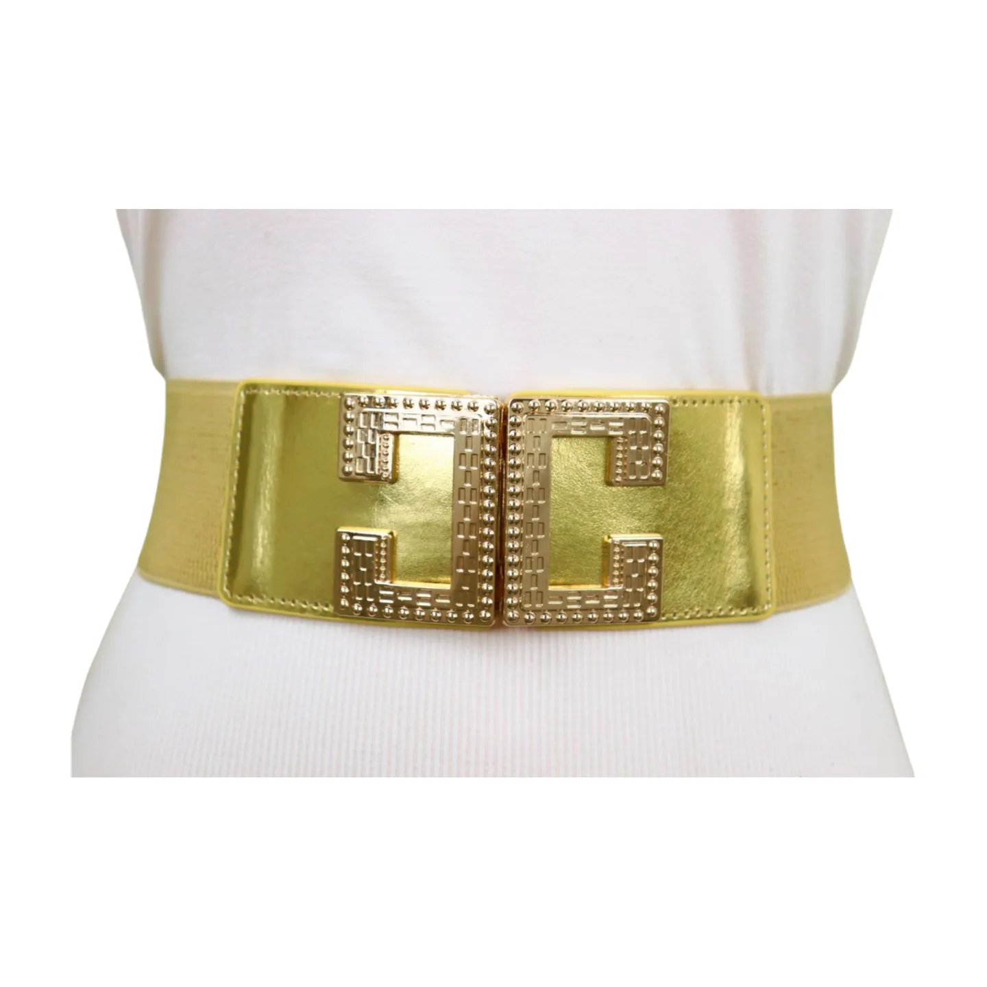 Women Gold Color Elastic Wide Boutique Fashion Belt Metal C Buckle S M