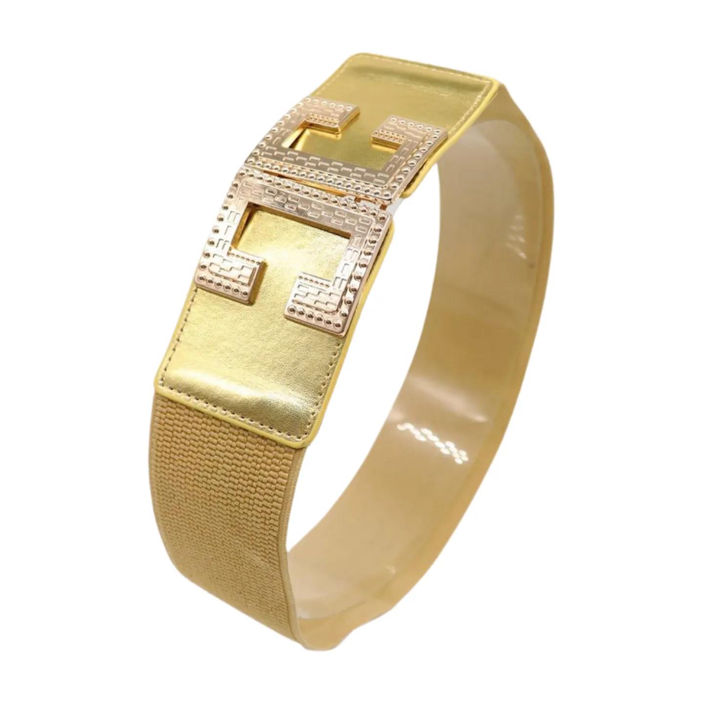 Women Gold Color Elastic Wide Boutique Fashion Belt Metal C Buckle S M