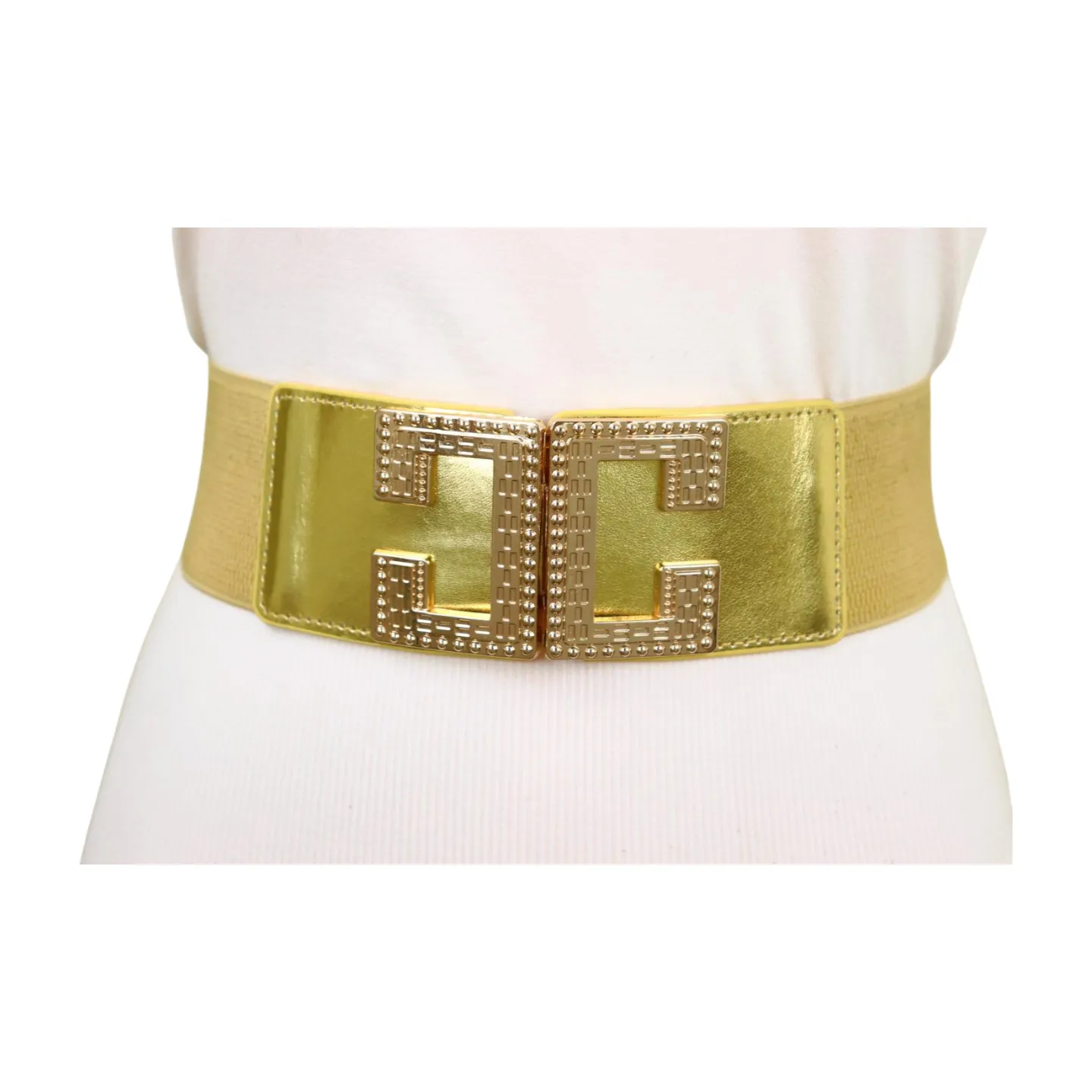 Women Gold Color Elastic Wide Boutique Fashion Belt Metal C Buckle S M