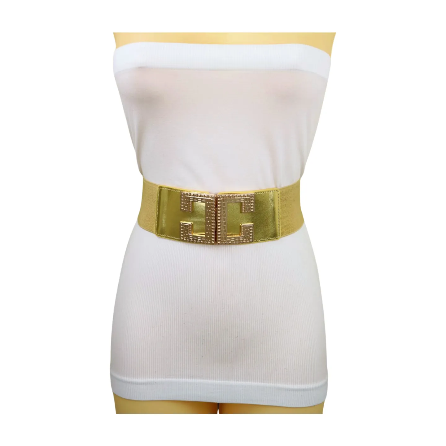 Women Gold Color Elastic Wide Boutique Fashion Belt Metal C Buckle S M