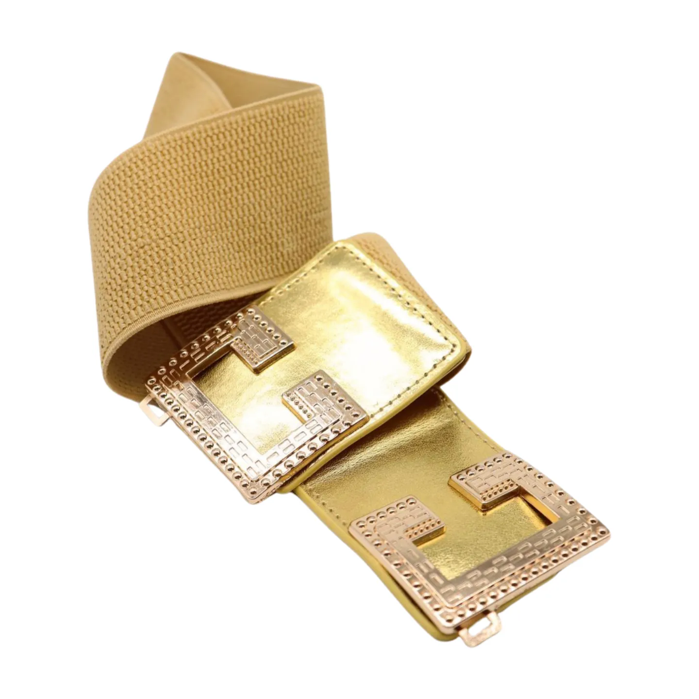 Women Gold Color Elastic Wide Boutique Fashion Belt Metal C Buckle S M