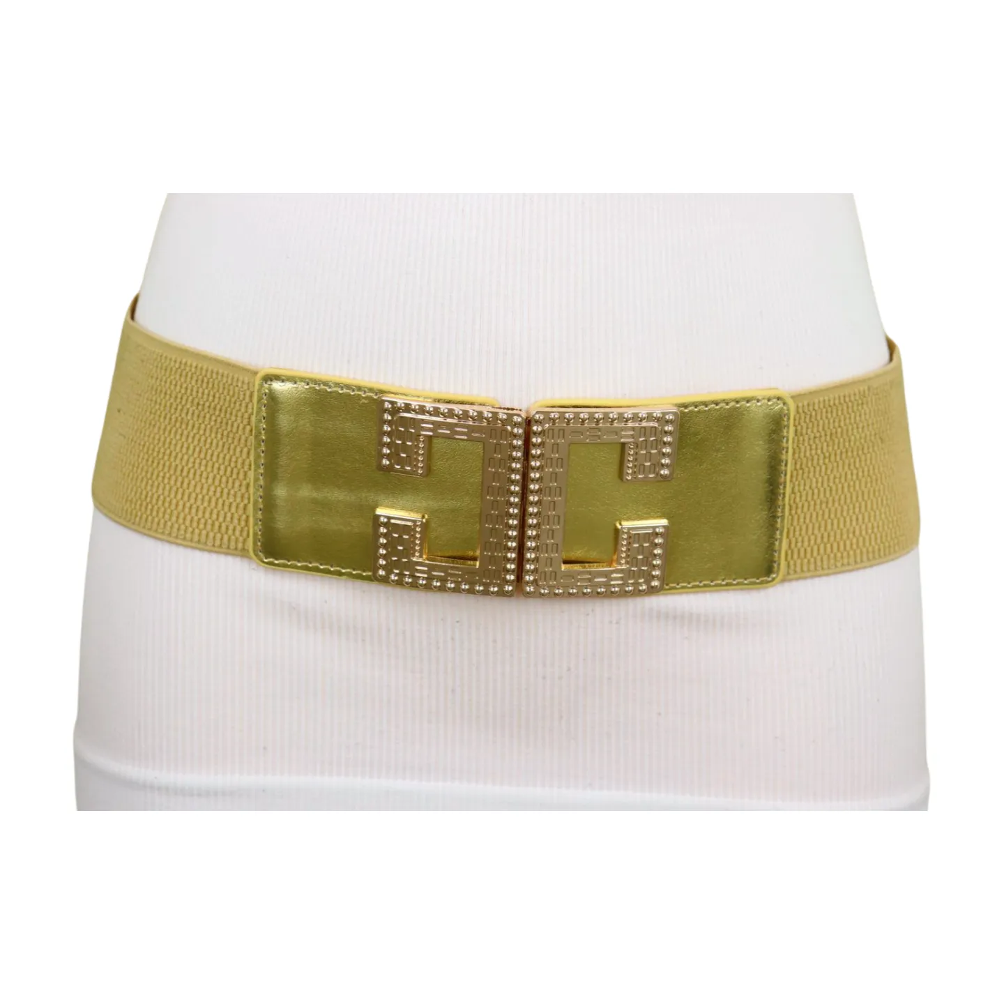 Women Gold Color Elastic Wide Boutique Fashion Belt Metal C Buckle S M