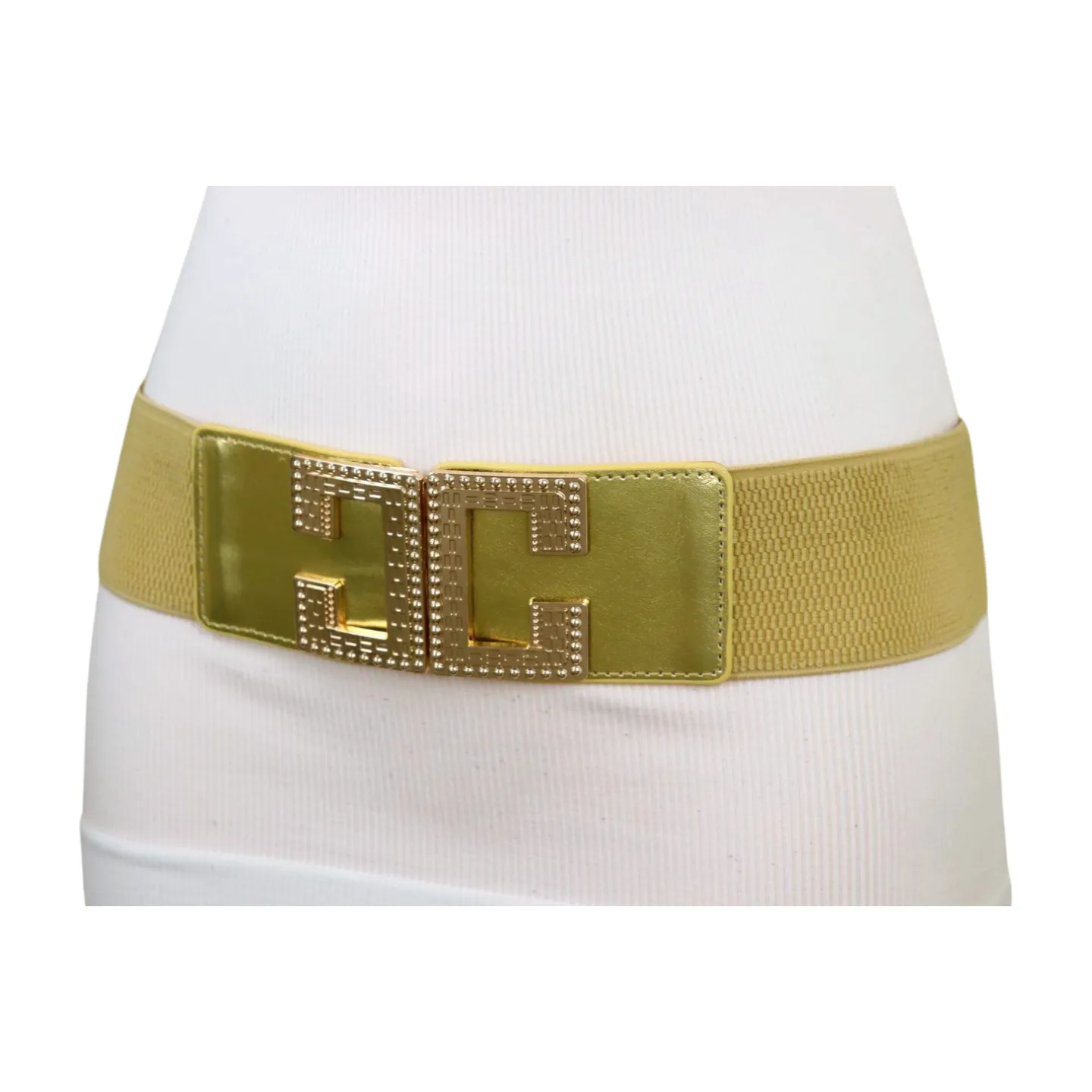Women Gold Color Elastic Wide Boutique Fashion Belt Metal C Buckle S M