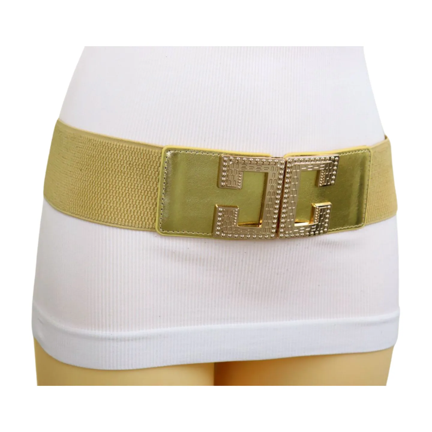 Women Gold Color Elastic Wide Boutique Fashion Belt Metal C Buckle S M