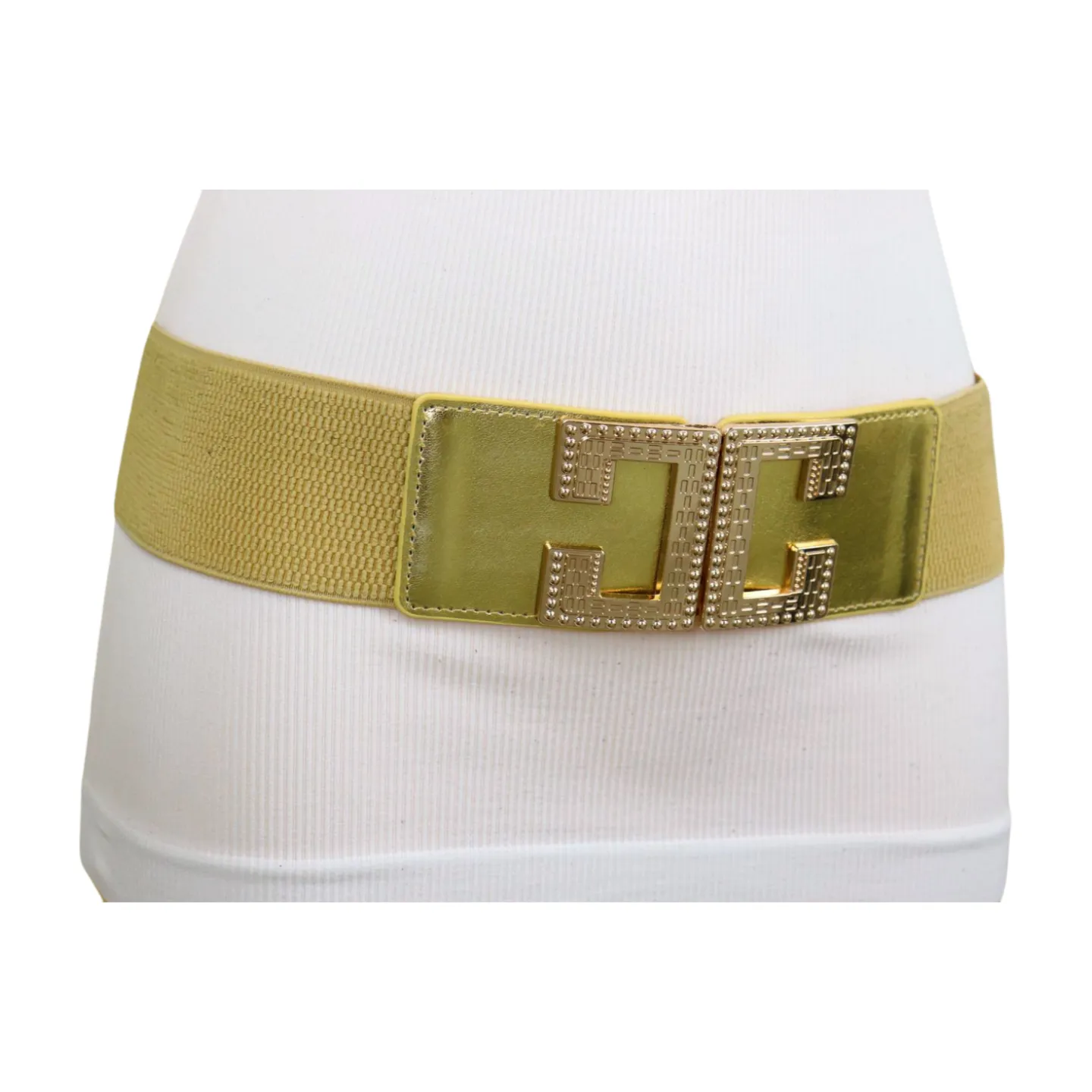 Women Gold Color Elastic Wide Boutique Fashion Belt Metal C Buckle S M