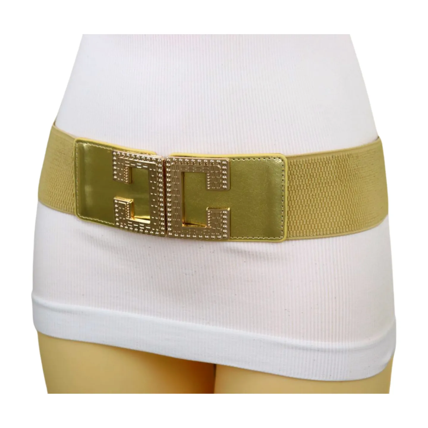 Women Gold Color Elastic Wide Boutique Fashion Belt Metal C Buckle S M