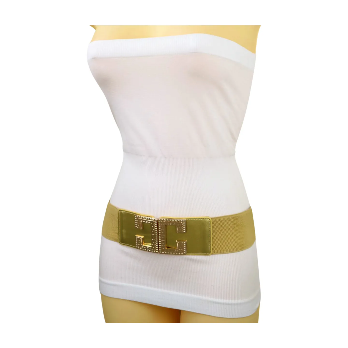 Women Gold Color Elastic Wide Boutique Fashion Belt Metal C Buckle S M