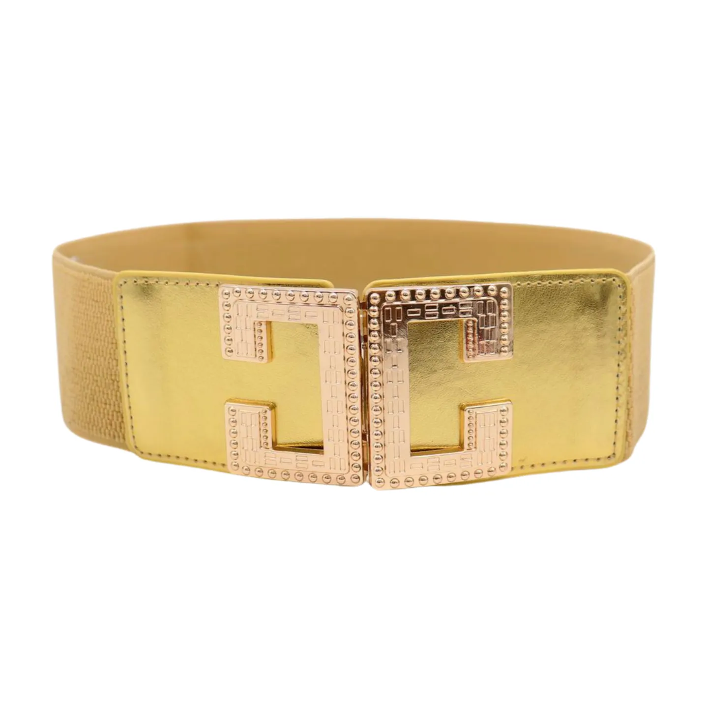 Women Gold Color Elastic Wide Boutique Fashion Belt Metal C Buckle S M