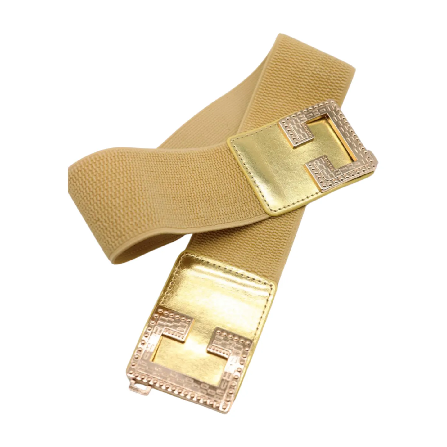 Women Gold Color Elastic Wide Boutique Fashion Belt Metal C Buckle S M