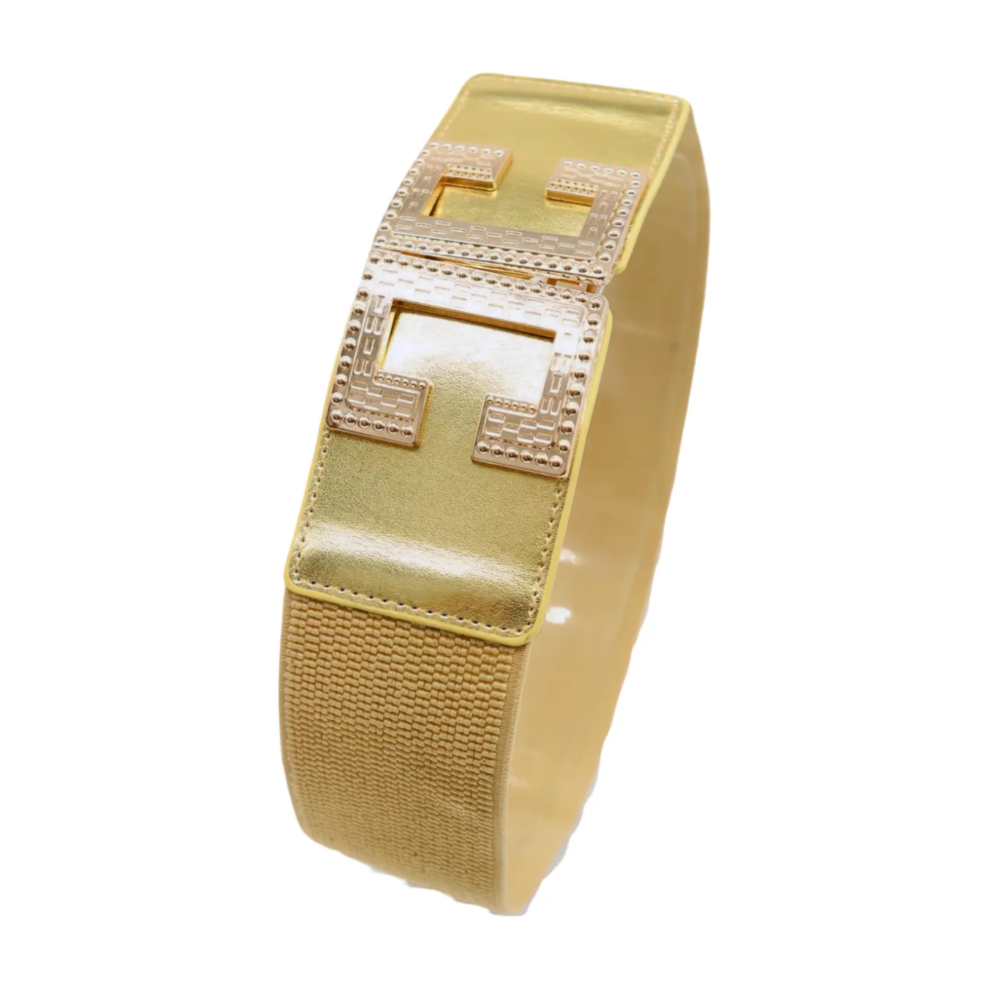 Women Gold Color Elastic Wide Boutique Fashion Belt Metal C Buckle S M