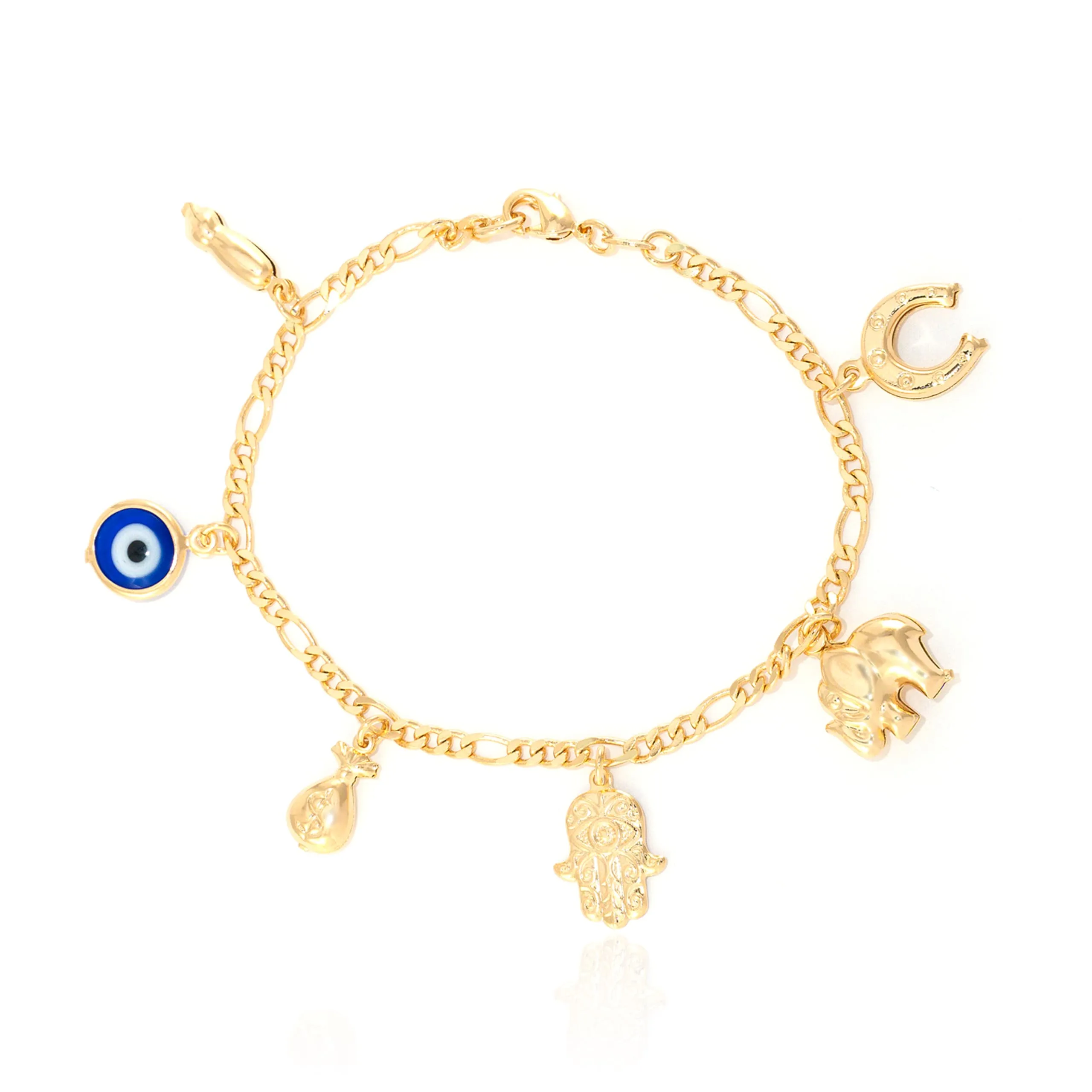 Women Lucky Charms Bracelet with Blue Evil Eye Figa Hand Hamsa Elephant Horseshoe