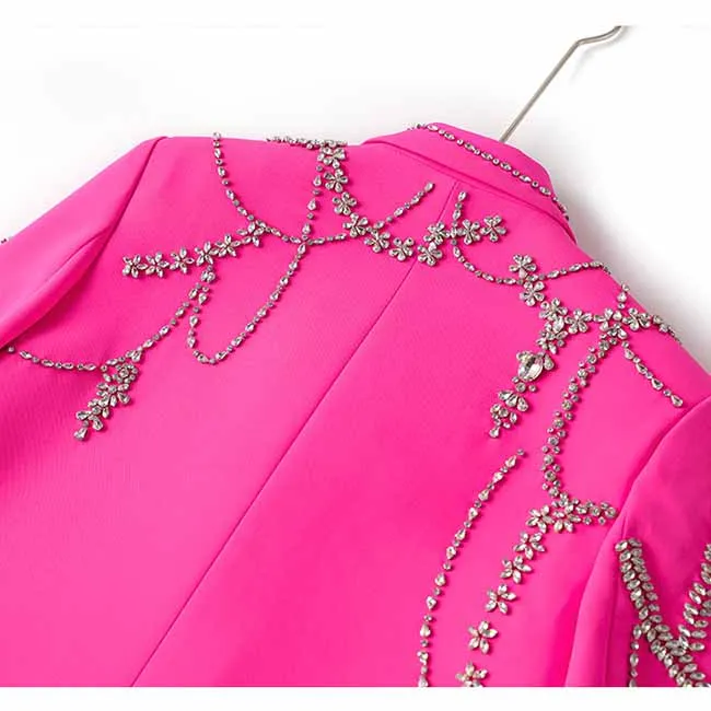 Women Sparkly Fuchsia Blazer Long Hand Stitched Stones Coat Cocktail Blazer Dress
