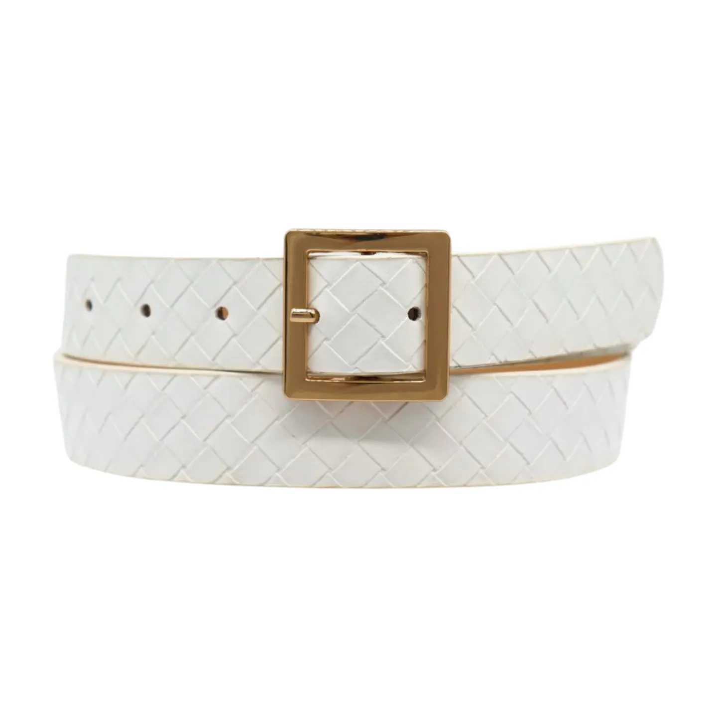 Women White Basket Weave Belt Gold Square Buckle Size S M