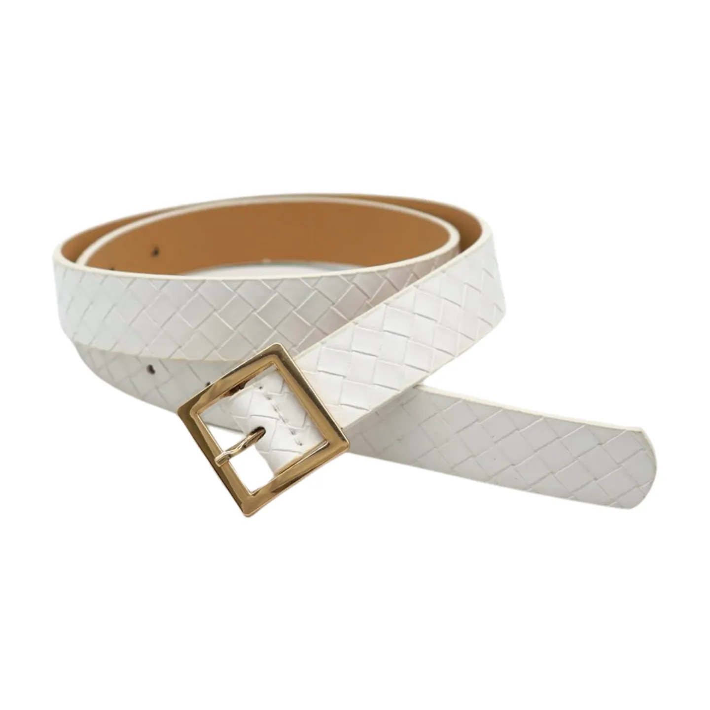 Women White Basket Weave Belt Gold Square Buckle Size S M