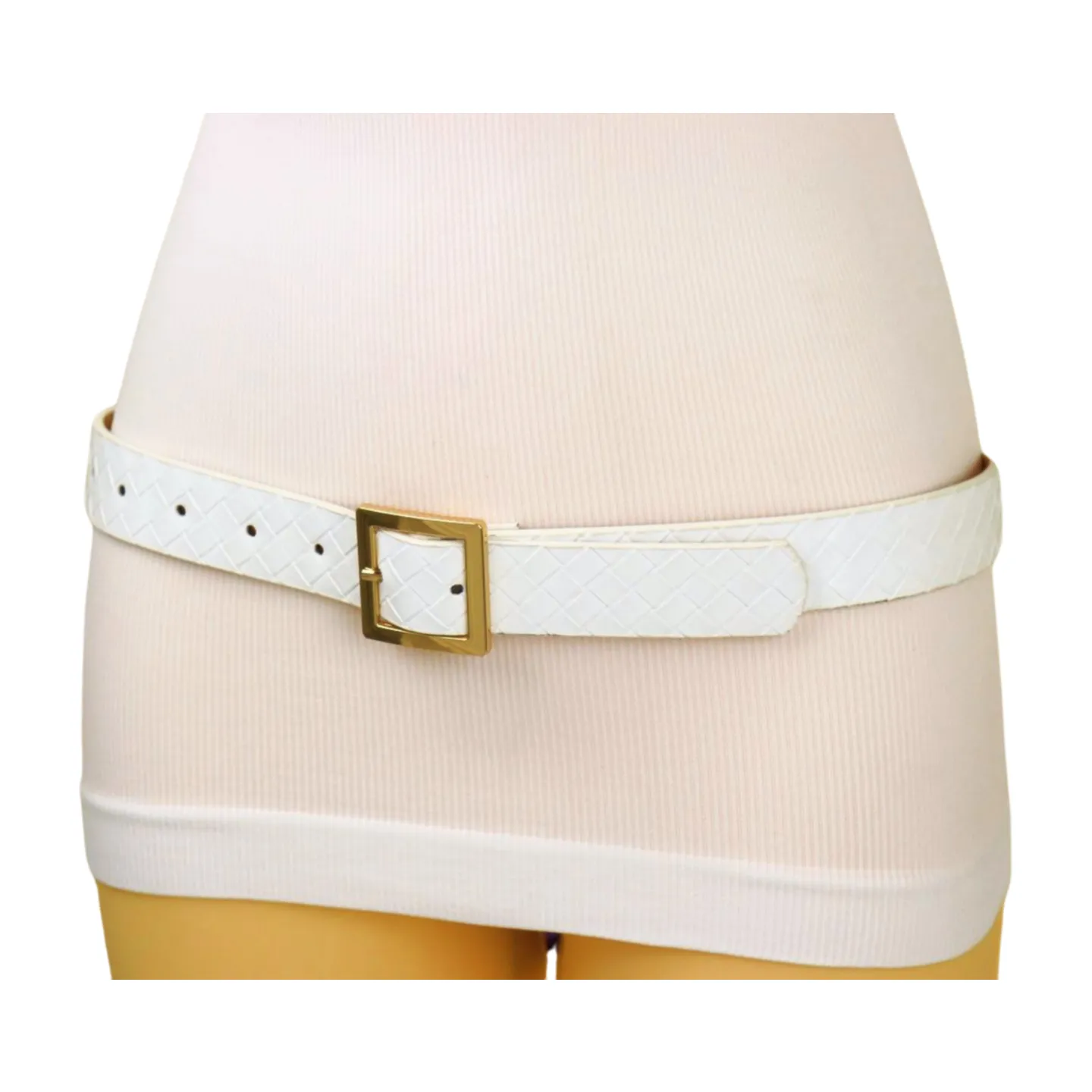 Women White Basket Weave Belt Gold Square Buckle Size S M