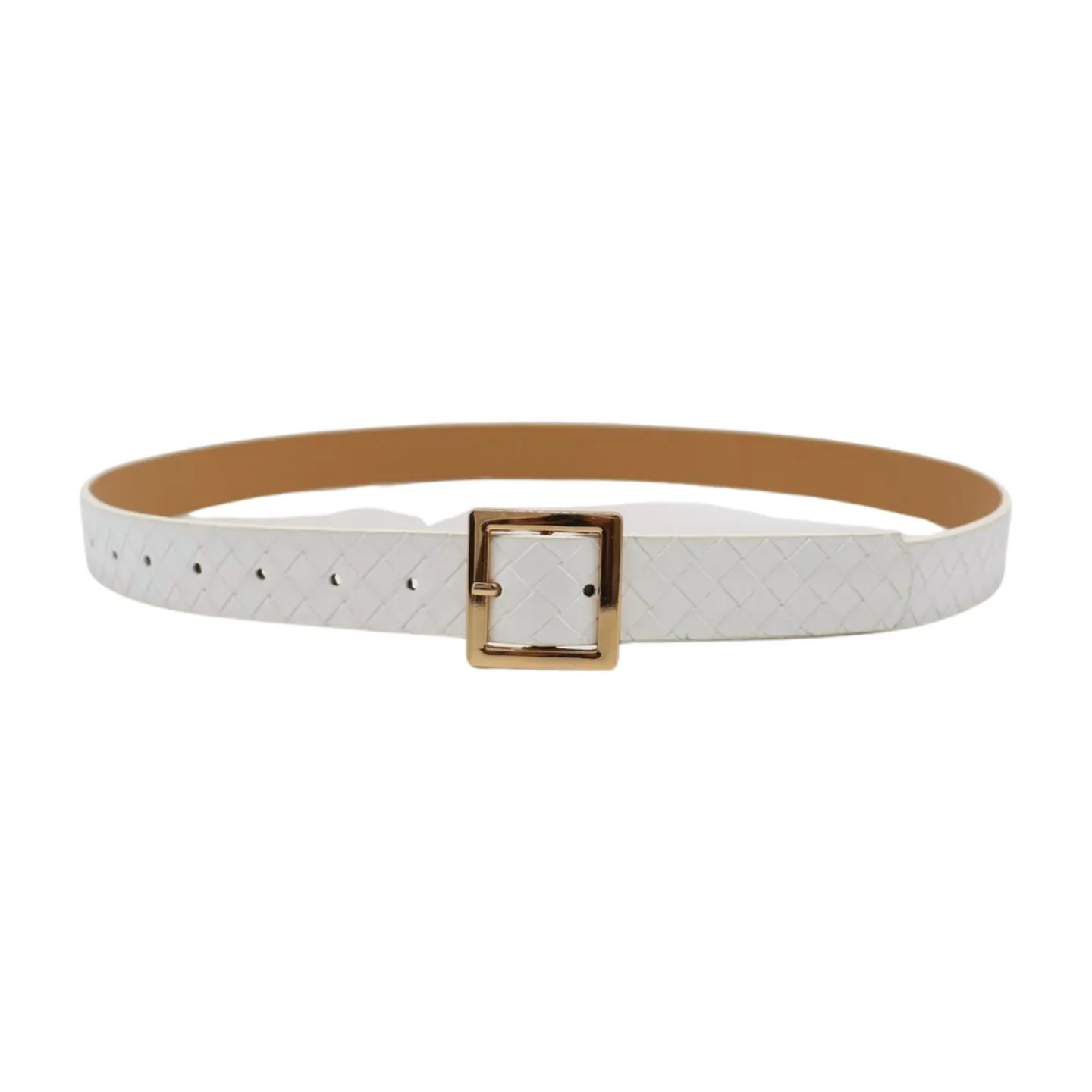 Women White Basket Weave Belt Gold Square Buckle Size S M