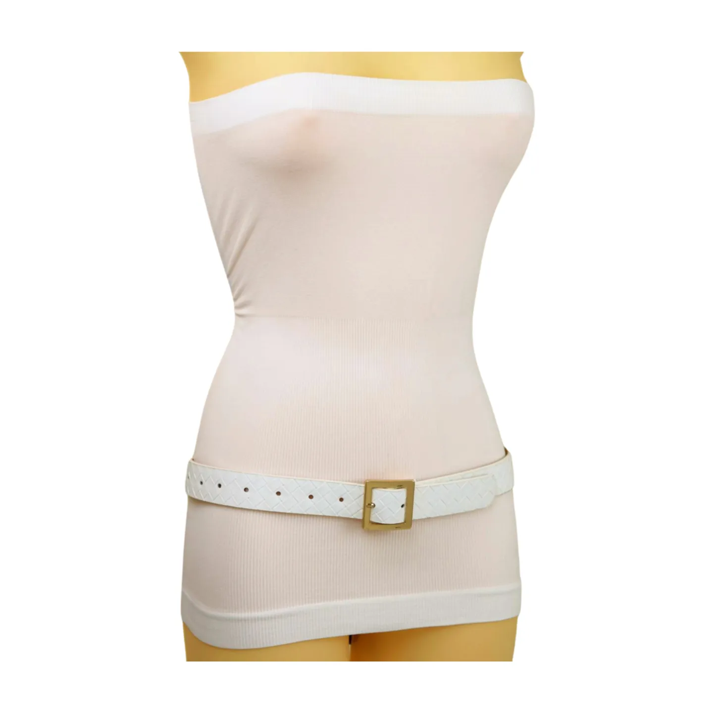 Women White Basket Weave Belt Gold Square Buckle Size S M