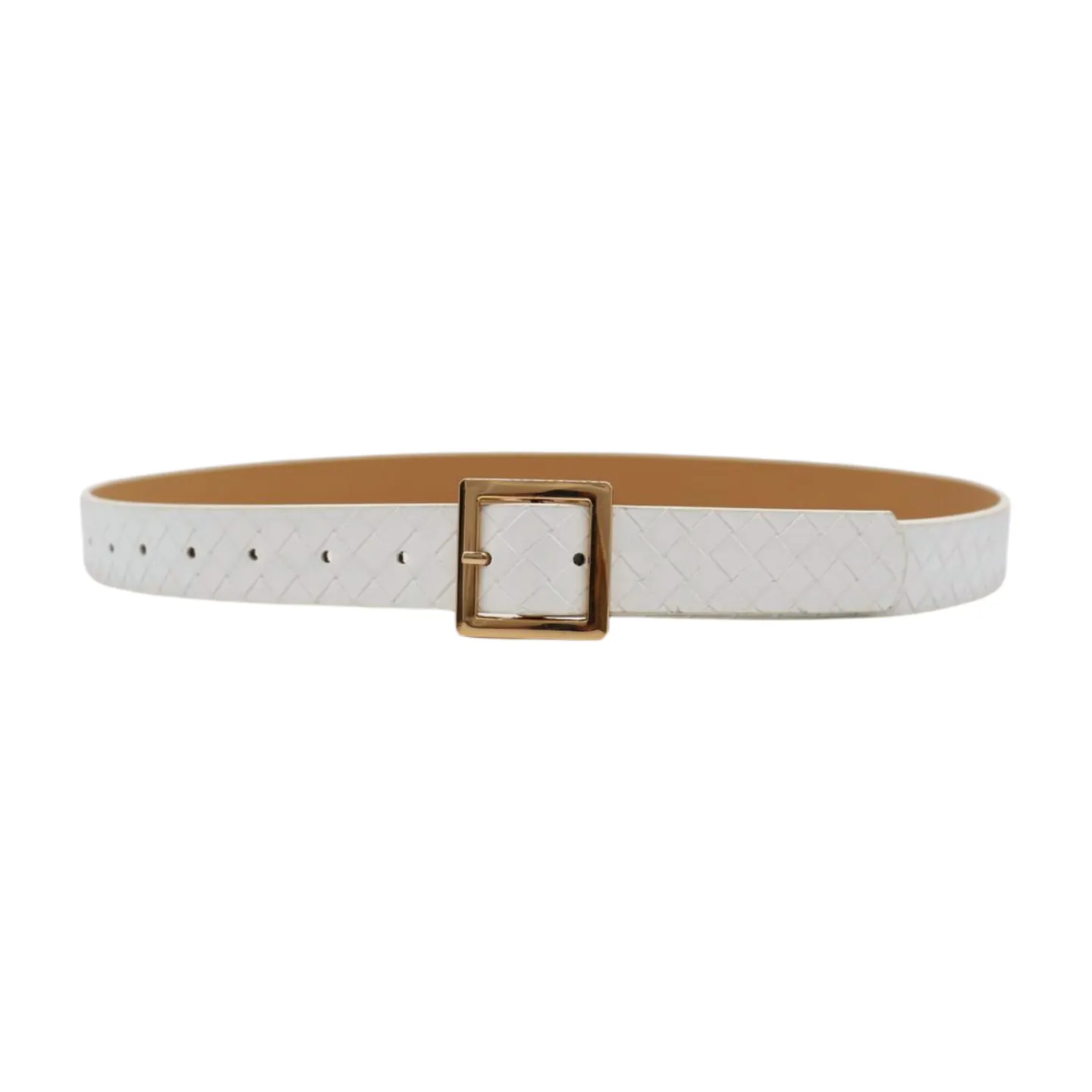 Women White Basket Weave Belt Gold Square Buckle Size S M