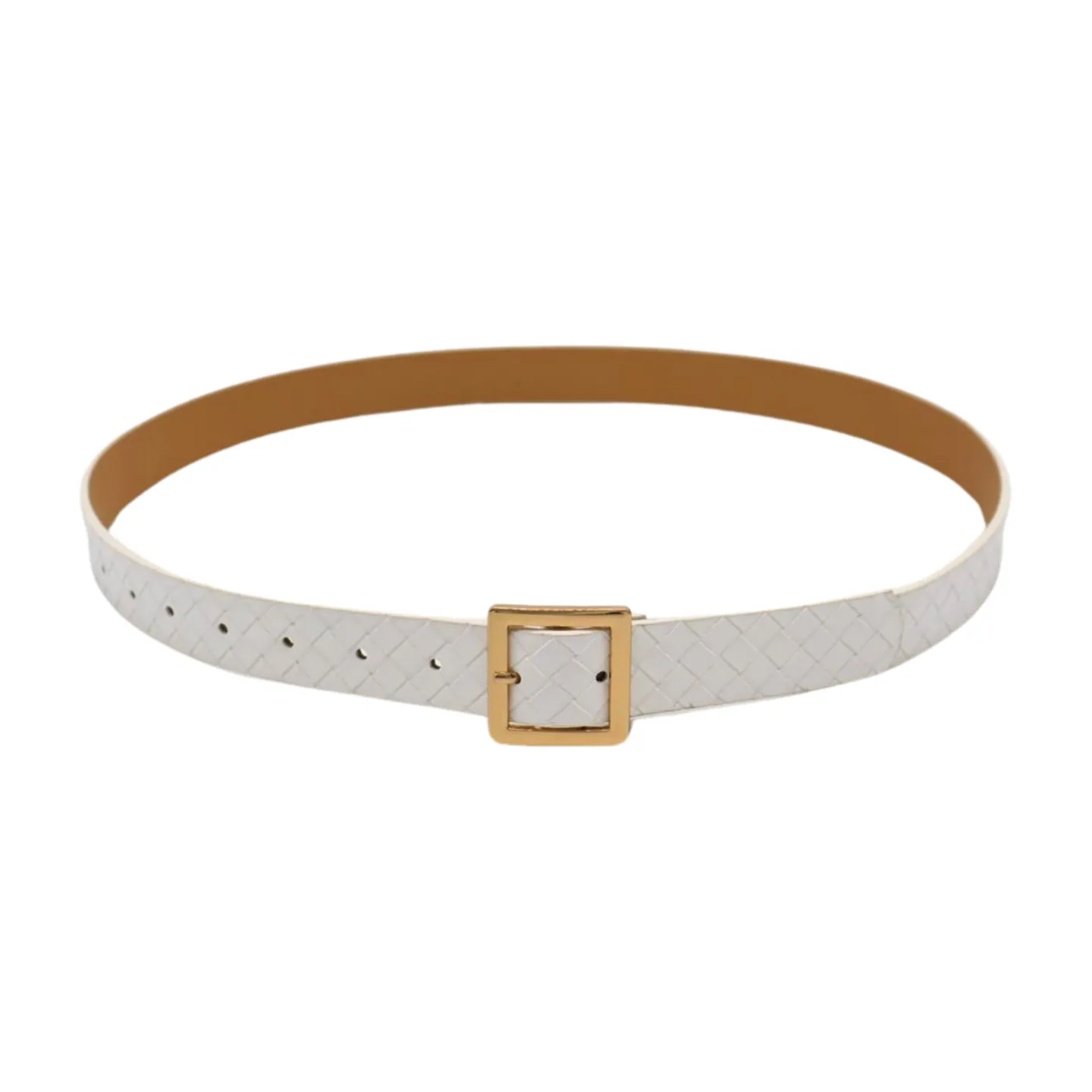 Women White Basket Weave Belt Gold Square Buckle Size S M