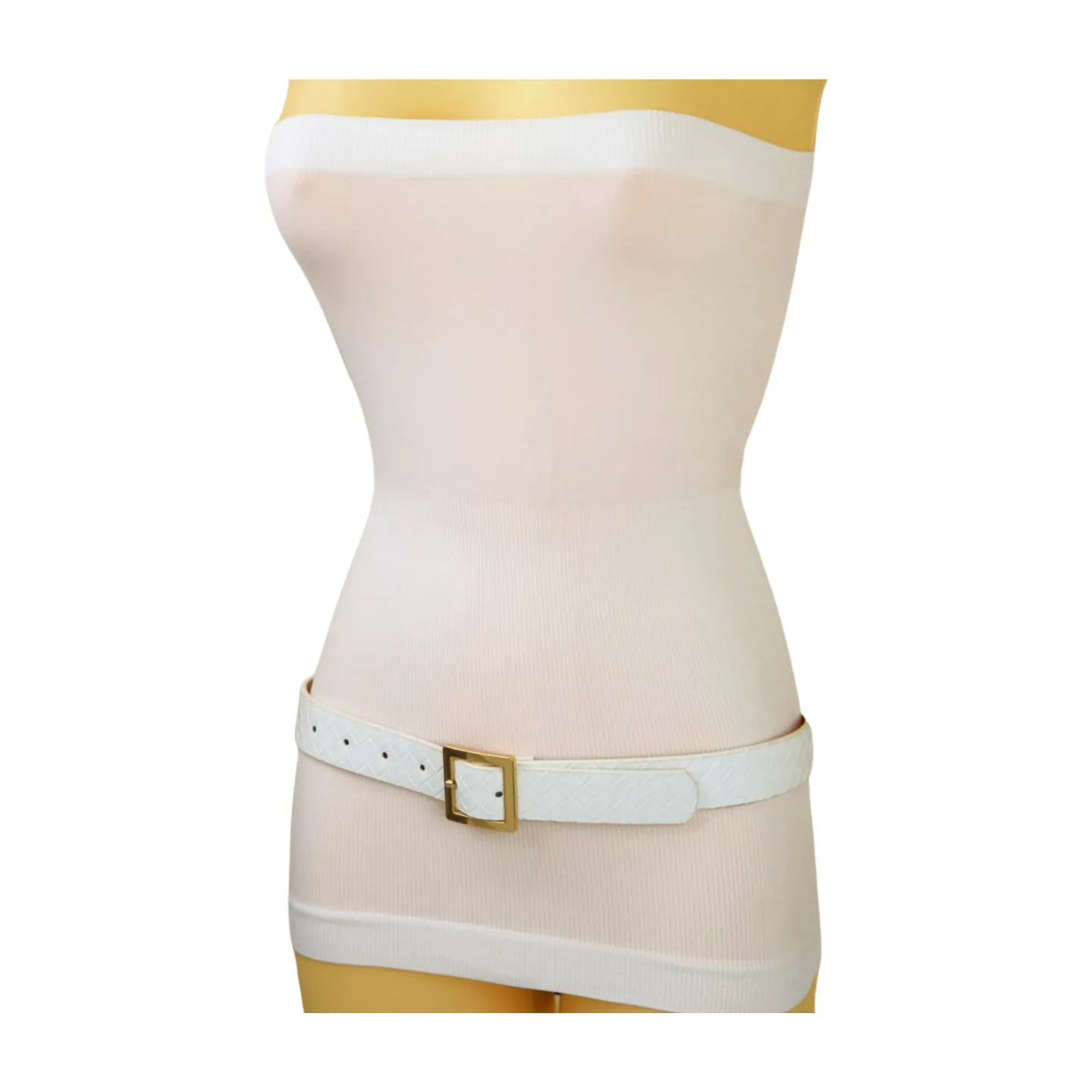 Women White Basket Weave Belt Gold Square Buckle Size S M