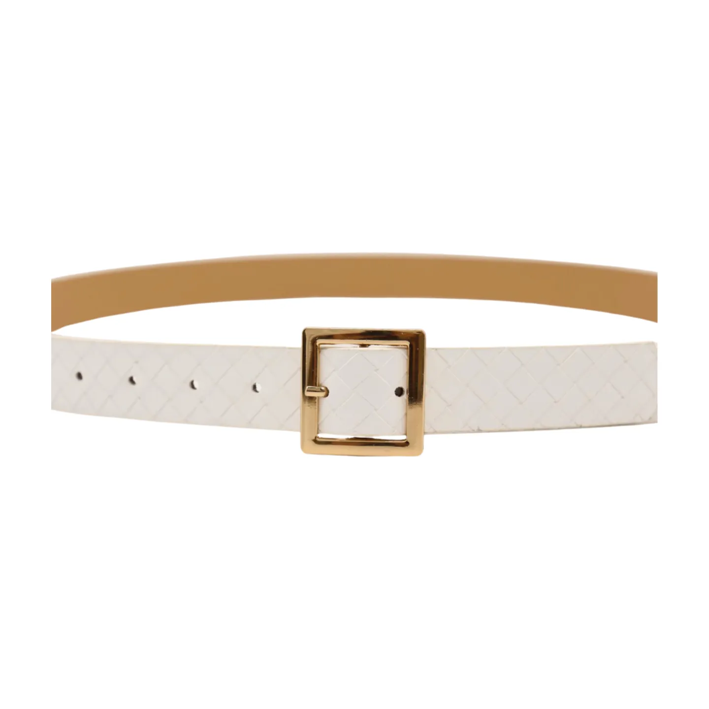 Women White Basket Weave Belt Gold Square Buckle Size S M