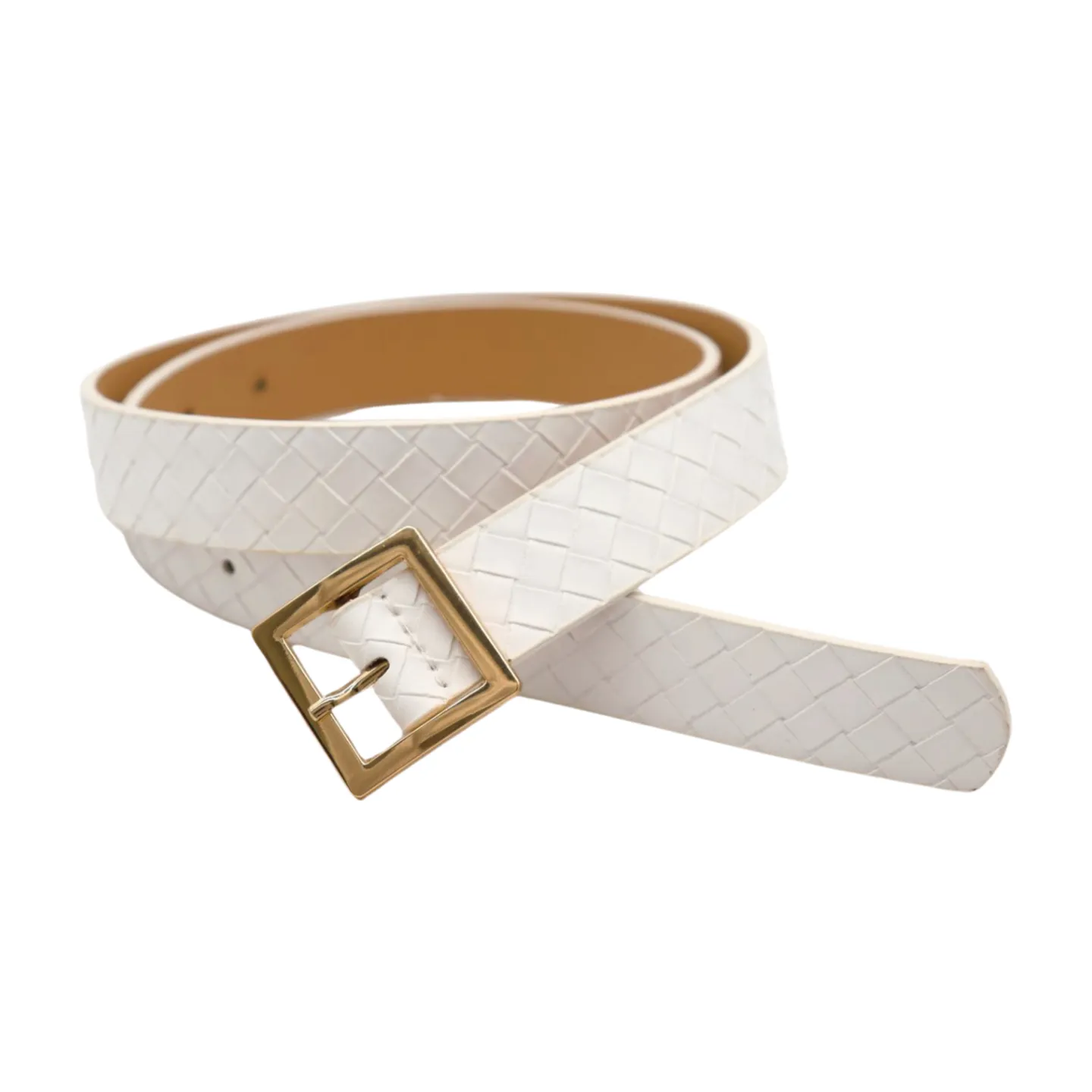 Women White Basket Weave Belt Gold Square Buckle Size S M