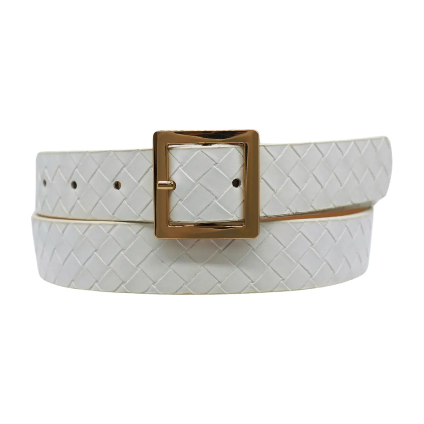 Women White Basket Weave Belt Gold Square Buckle Size S M
