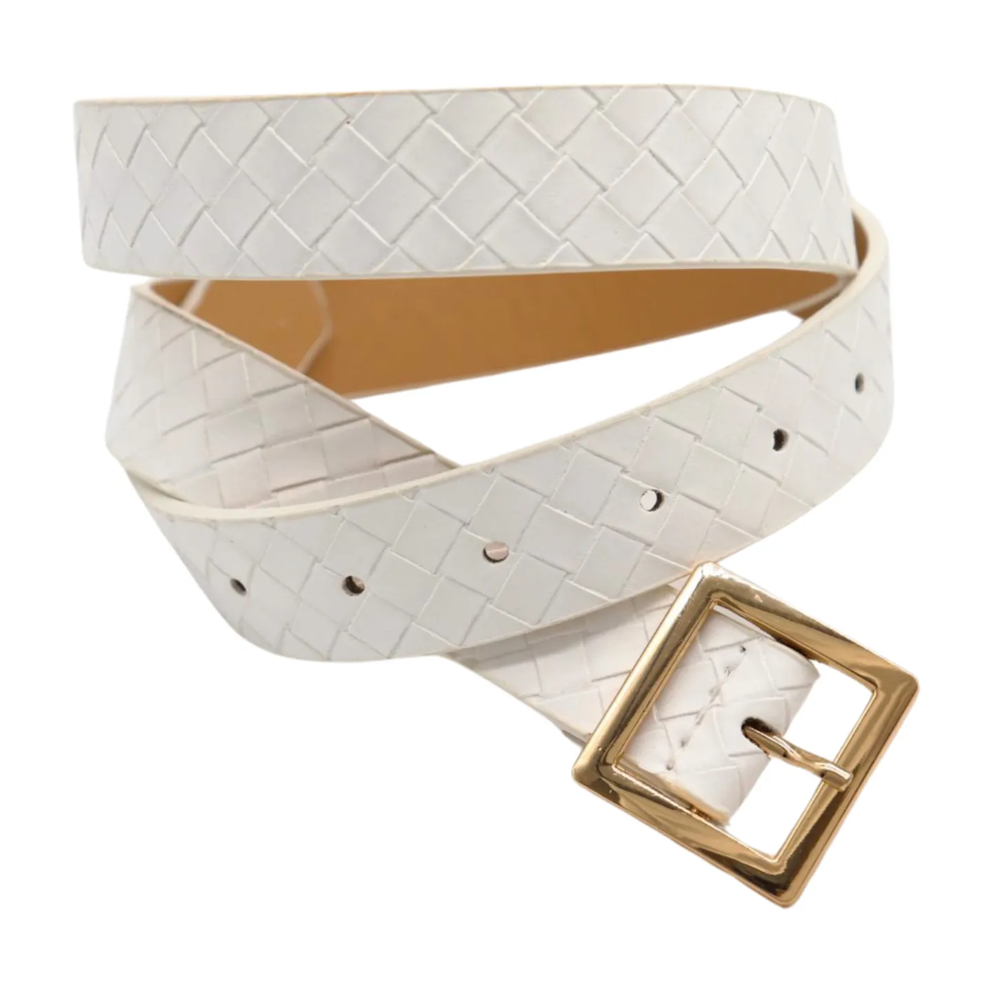 Women White Basket Weave Belt Gold Square Buckle Size S M