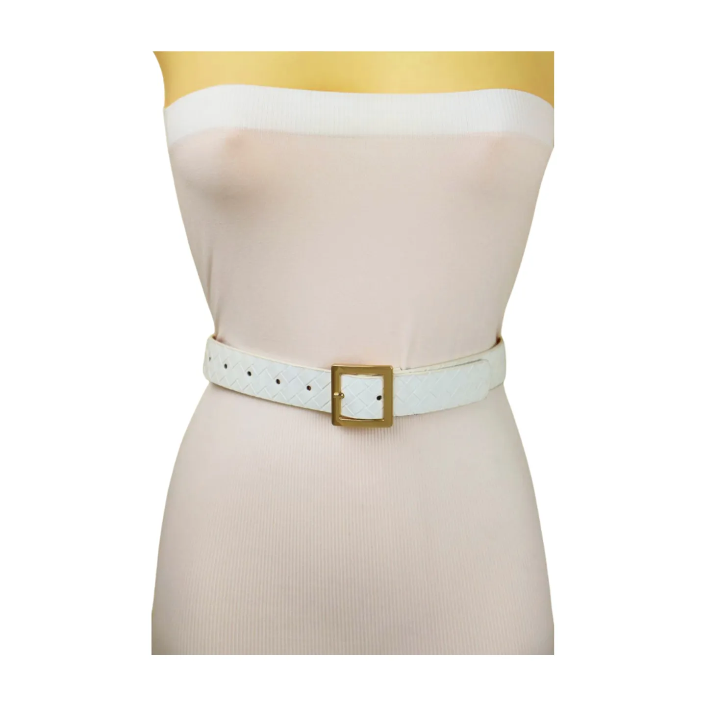 Women White Basket Weave Belt Gold Square Buckle Size S M