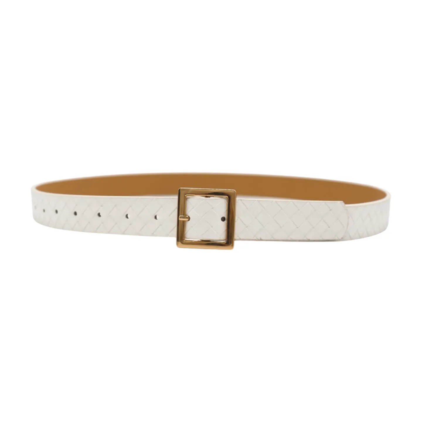Women White Basket Weave Belt Gold Square Buckle Size S M