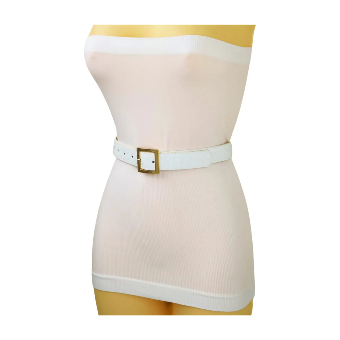 Women White Basket Weave Belt Gold Square Buckle Size S M