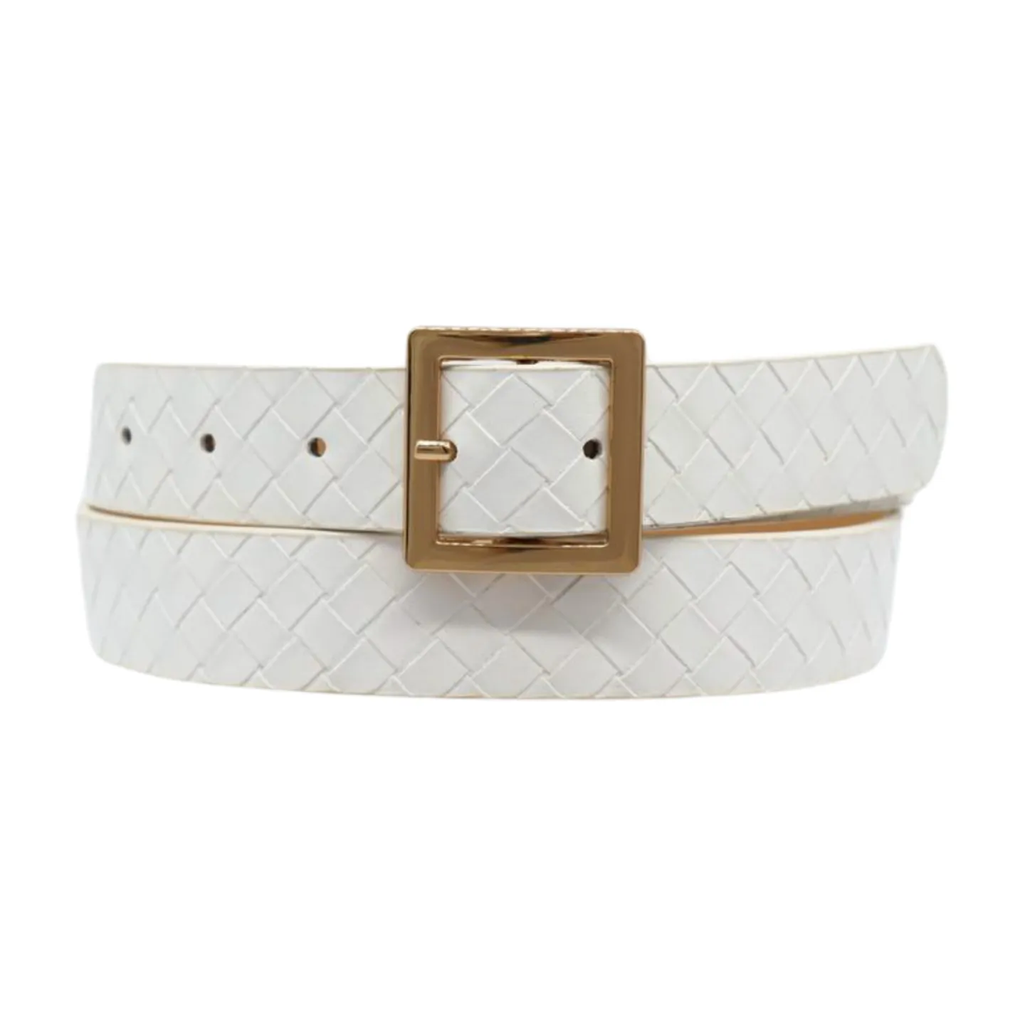 Women White Basket Weave Belt Gold Square Buckle Size S M